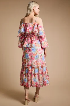 Robe Midi À Volants Floraux Dp Luxe Avec Épaules Dénudées Et Basque