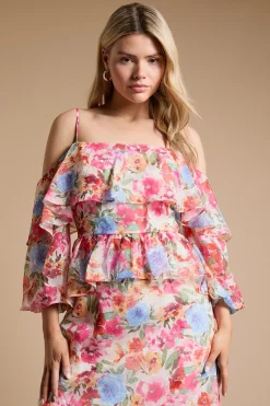 Robe Midi À Volants Floraux Dp Luxe Avec Épaules Dénudées Et Basque
