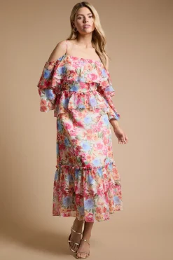 Robe Midi À Volants Floraux Dp Luxe Avec Épaules Dénudées Et Basque