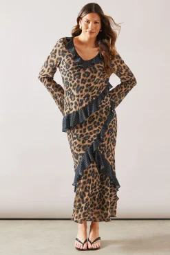 Robe Midi à Volants Imprimé Léopard Mixte
