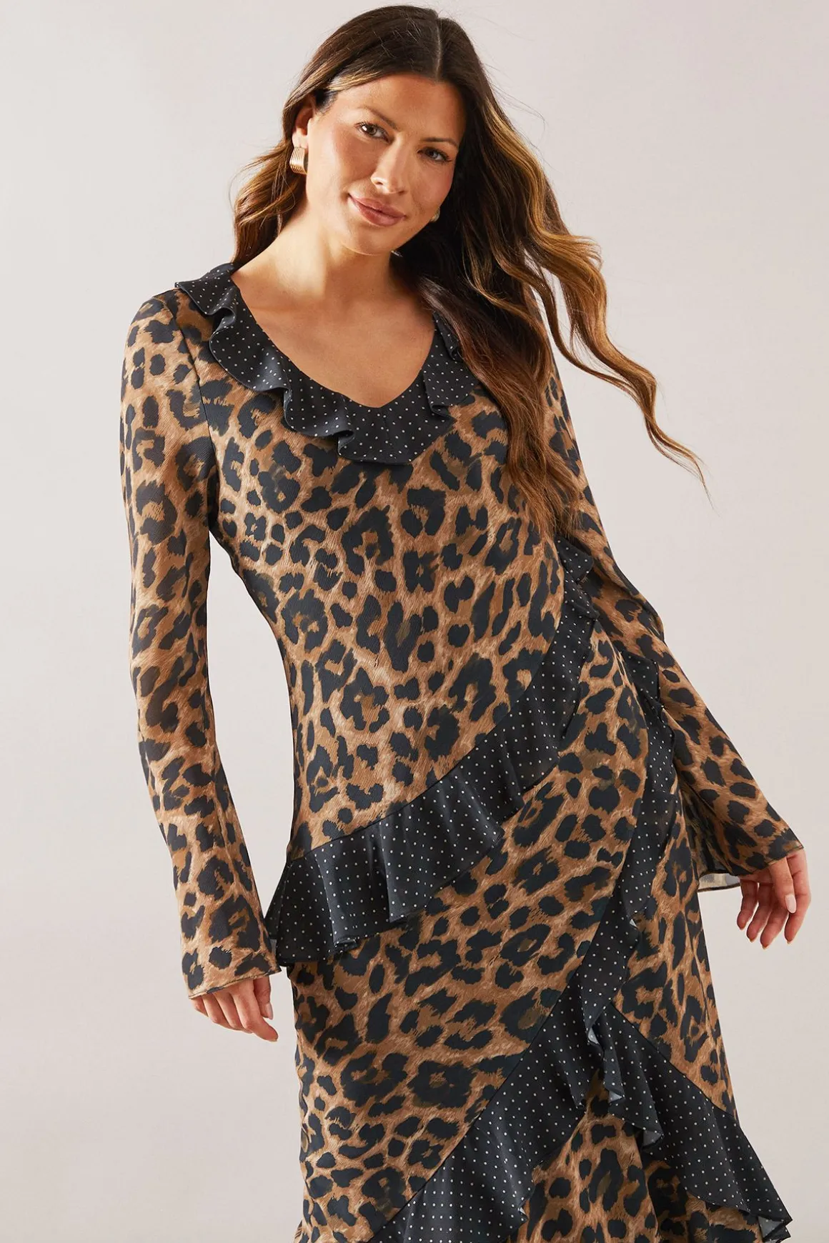 Robe Midi à Volants Imprimé Léopard Mixte