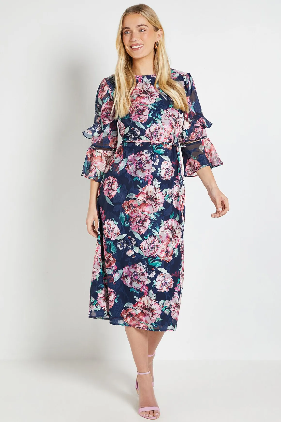 Robe Midi À Volants Motif Floral Dévoré Petite Taille
