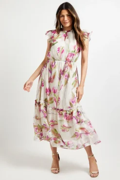Robe Midi à Volants Motif Floral Dévoré