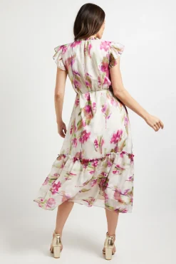 Robe Midi à Volants Motif Floral Dévoré