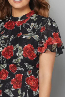 Robe Midi à Volants Motif Floral Dévoré