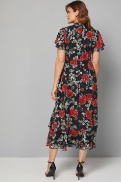 Robe Midi à Volants Motif Floral Dévoré