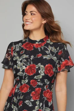 Robe Midi à Volants Motif Floral Dévoré