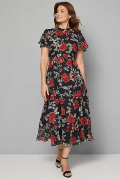 Robe Midi à Volants Motif Floral Dévoré