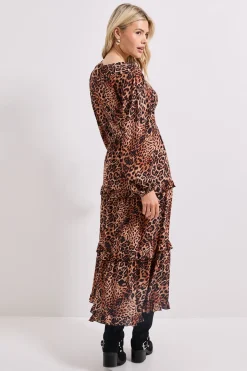 Robe Midi à Volants Étagés avec Manches Bouffantes et Boutonnage Devant