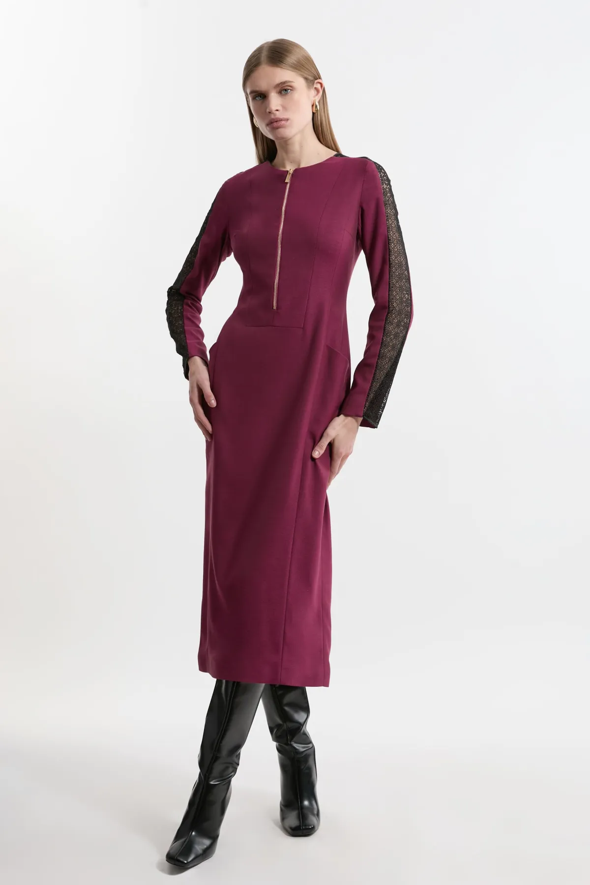 KarenMillen Robe midi à zip avant en mélange de twill et dentelle sur mesure<Femme Tailleurs|Robes Mi-Longues