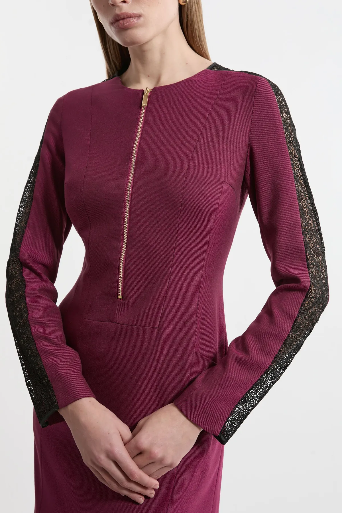 KarenMillen Robe midi à zip avant en mélange de twill et dentelle sur mesure<Femme Tailleurs|Robes Mi-Longues
