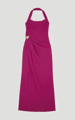 Robe Mi-Longue Ajustée à Col Halter avec Fronces