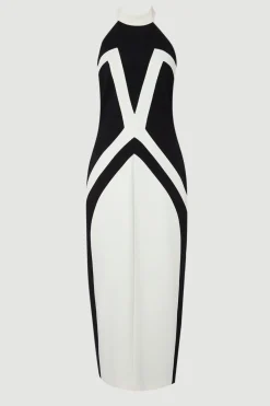 KarenMillen Robe Mi-Longue Ajustée à Col Licou en Maille Stretch à Blocs de Couleur<Femme Tailleurs|Robes Mi-Longues