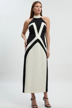KarenMillen Robe Mi-Longue Ajustée à Col Licou en Maille Stretch à Blocs de Couleur<Femme Tailleurs|Robes Mi-Longues