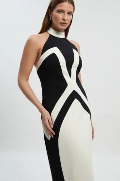 KarenMillen Robe Mi-Longue Ajustée à Col Licou en Maille Stretch à Blocs de Couleur<Femme Tailleurs|Robes Mi-Longues