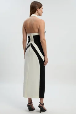 KarenMillen Robe Mi-Longue Ajustée à Col Licou en Maille Stretch à Blocs de Couleur<Femme Tailleurs|Robes Mi-Longues