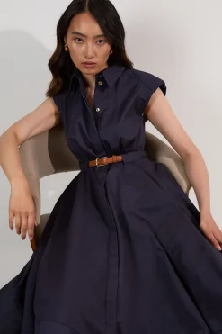 KarenMillen Robe mi-longue ajustée en coton ceinturée à col<Femme Tailleurs|Toutes Les Robes