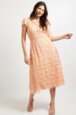 Robe Mi-Longue Ajustée et Évasée en Dentelle