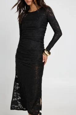 Robe Mi-longue Ajustée À Manches Longues En Dentelle Florale Dévorée