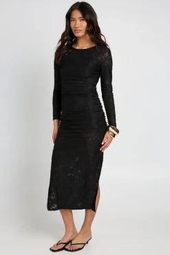 Robe Mi-longue Ajustée À Manches Longues En Dentelle Florale Dévorée