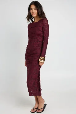 Robe Mi-longue Ajustée À Manches Longues Et Fronces Motif Floral Dévoré