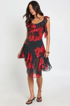 Robe Mi-longue Asymétrique En Mousseline À Motif Floral Avec Détails À Volants