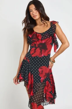 Robe Mi-longue Asymétrique En Mousseline À Motif Floral Avec Détails À Volants