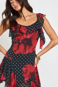 Robe Mi-longue Asymétrique En Mousseline À Motif Floral Avec Détails À Volants
