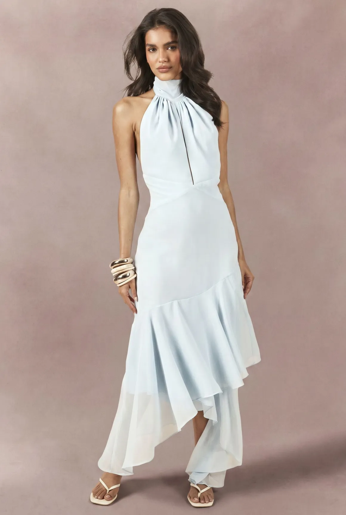 Robe Mi-longue Asymétrique En Mousseline À Col Montant Et Détail Fleuri
