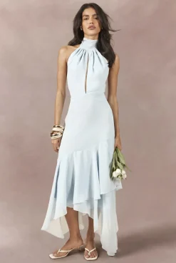 Robe Mi-longue Asymétrique En Mousseline À Col Montant Et Détail Fleuri