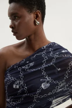 Robe Mi-Longue Asymétrique en Maille Imprimé Chaîne Petite Taille