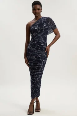 Robe Mi-Longue Asymétrique en Maille Imprimé Chaîne Petite Taille