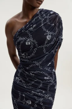 Robe Mi-Longue Asymétrique en Maille Imprimé Chaîne Petite Taille