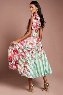 Robe Mi-longue Asymétrique en Organza à Rayures Imprimées Petite
