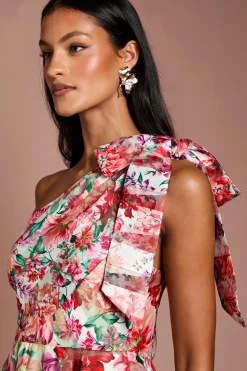 Robe Mi-longue Asymétrique en Organza à Rayures Imprimées Petite