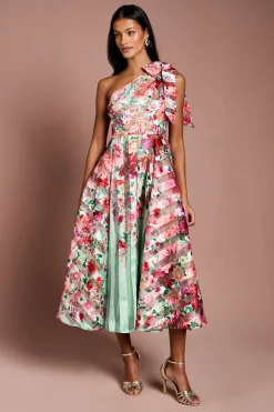 Robe Mi-longue Asymétrique en Organza à Rayures Imprimées Petite