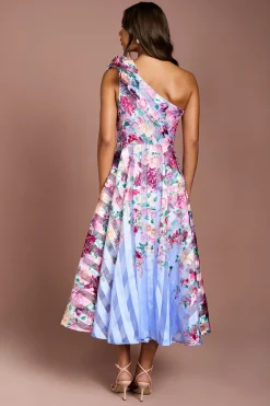 Robe Mi-Longue Asymétrique en Organza à Rayures Imprimées