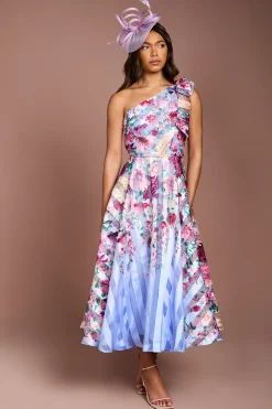 Robe Mi-Longue Asymétrique en Organza à Rayures Imprimées