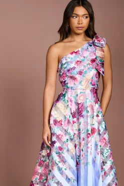 Robe Mi-Longue Asymétrique en Organza à Rayures Imprimées