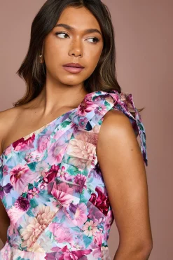 Robe Mi-Longue Asymétrique en Organza à Rayures Imprimées
