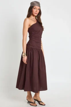 Robe Mi-longue Asymétrique En Popeline De Coton Avec Détails Froncés