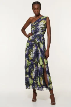 Robe Mi-longue Asymétrique Tissée À Imprimé Plumes Froissé Grande Taille