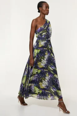 Robe Mi-longue Asymétrique Tissée À Imprimé Plumes Froissé Grande Taille