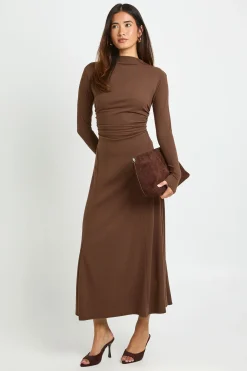 Robe Mi-longue Basique Supersoft Col Montant Avec Taille Froncée