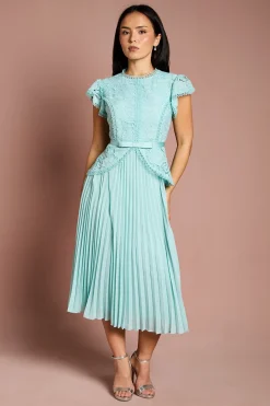 Robe Mi-Longue à Basque avec Corsage en Dentelle Petite Taille