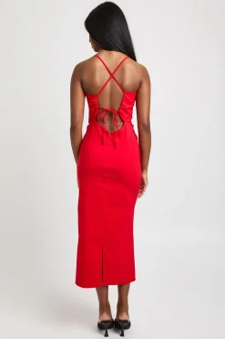 boohoo Robe Mi-longue À Bretelles En Bengaline Avec Buste Froncé Et Détail Nœud<Femme Robes De Soirée|Toutes Les Robes