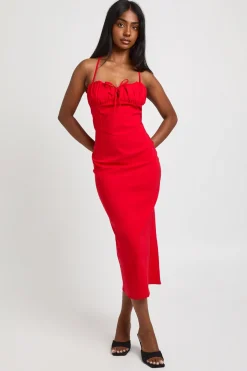 boohoo Robe Mi-longue À Bretelles En Bengaline Avec Buste Froncé Et Détail Nœud<Femme Robes De Soirée|Toutes Les Robes