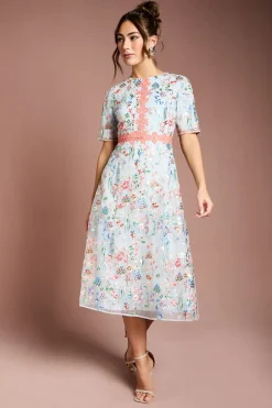 Robe Mi-Longue Brodée Florale Avec Dentelle Appliquée