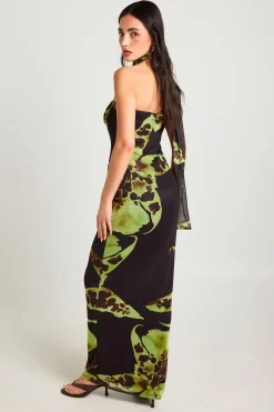 Robe Mi-longue Bustier À Imprimé Floral Large Avec Détail Foulard