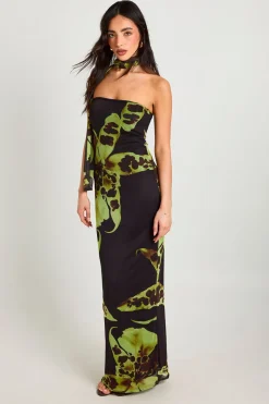 Robe Mi-longue Bustier À Imprimé Floral Large Avec Détail Foulard